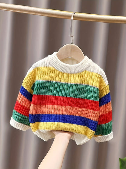 Kids Classic Colorful Striped Kit Sweater, Rainbow Pullover Winter Thicke Boys And Girls Baby Round Neck Loose Top Hilo shop 