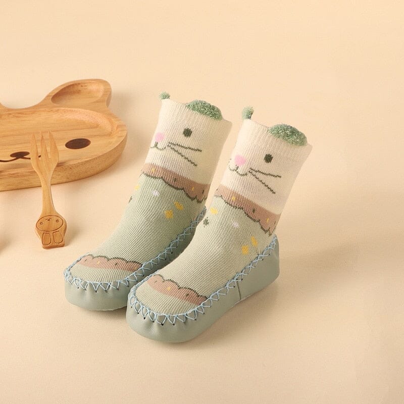 Baby Socks Shoes Infant Color Matching Cute Kids Boys Shoes Doll Soft Soled Child Floor Sneaker Toddler Girls First Walkers Hilo shop light green cat 0-6Months 