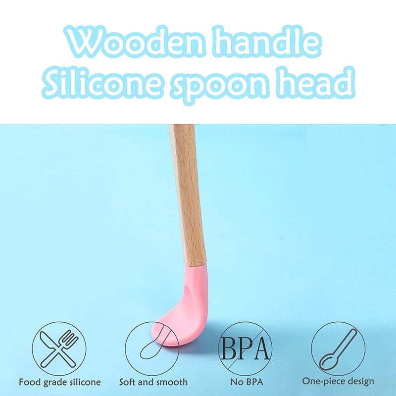 Baby Wooden Spoon Silicone Wooden Baby Feeding Spoon Organic Soft Tip Spoon BPA Free Food Grade Material Handle Toddlers Gifts 0 Hilo shop 