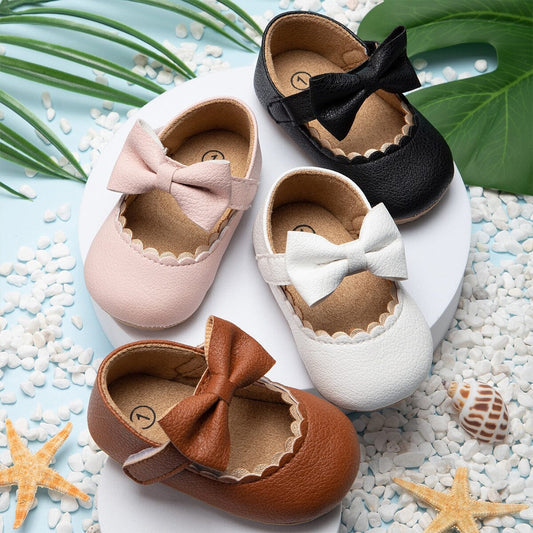 KIDSUN Baby Casual Shoes Infant Toddler Bowknot Non-slip Rubber Soft-Sole Flat PU First Walker Newborn Bow Decor Mary Janes Hilo shop 